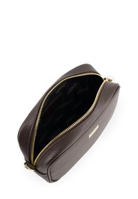 Brown leather cosmetic bag with a textured surface, gold zipper, and a logo-printed interior lining. Rectangular shape with rounded edges.