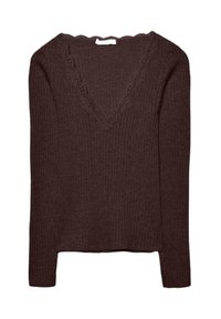 Brun ribbet langærmet top med V-hals, der har delikat blonderand og bølget kant. Blød tekstur og afslappet pasform.