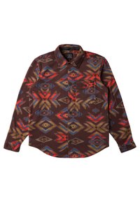 Bruine geruite flanellen shirt met geometrische ontwerpen in rood, blauw en geel. Voorzak met knoopsluiting en klassieke kraag.