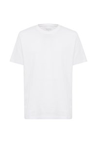 T-shirt bianco in cotone con maniche corte, scollatura a girocollo e design minimalista che presenta un logo in rilievo sul davanti. Texture liscia.