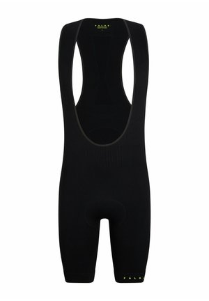 Pantaloni da ciclismo neri a bretelle realizzati in tessuto traspirante, caratterizzati da un design senza cuciture, imbottitura nel sedile e logo riflettente lungo l'orlo.