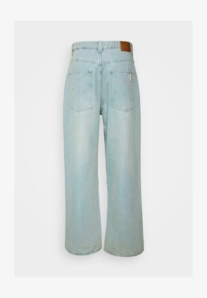 Light blue, wide-leg denim jeans with a high waist, two back pockets, and a leather label on the waistband. Soft texture.