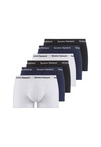 Fem par herrboxershorts i svart, marinblått och vitt, staplade diagonalt med "bruno banani"-märkta midjeband.