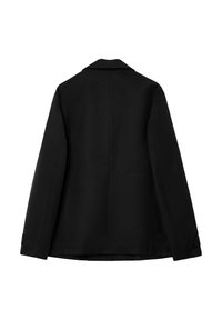Black blazer with long sleeves, notch collar, and back vent. Made of smooth fabric with visible stitching and button accents on sleeves.