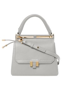 Borsa a tracolla in pelle grigia chiara con manico superiore, tracolla regolabile, accessori in oro, patta frontale e chiusura a scatto.