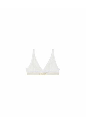 Soutien-gorge triangle en dentelle blanche avec fines bretelles et bande élastique avec texte doré "PULLIN" au centre avant.