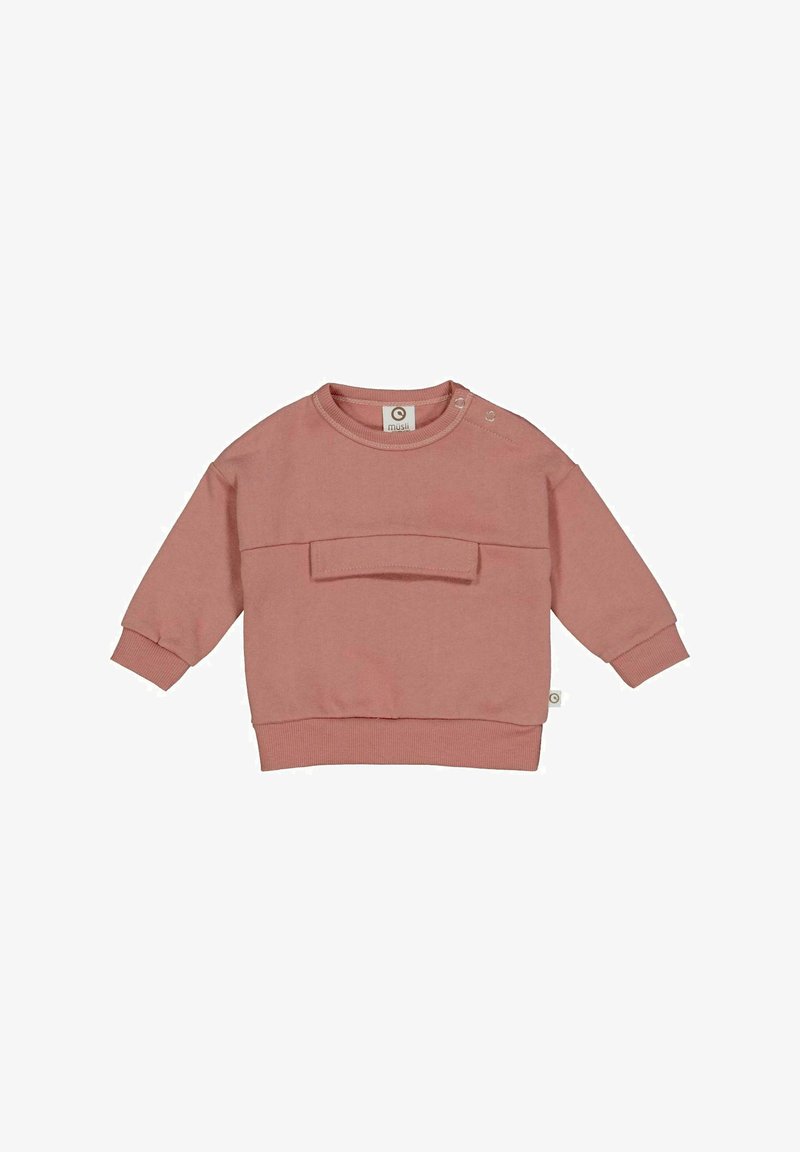 Felpa rosa in morbido cotone con scollatura arrotondata, maniche lunghe e tasca frontale. Presenta bottoni a pressione sulla spalla.