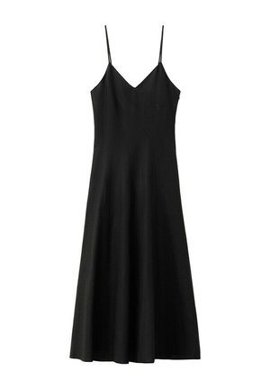 Robe midi noire sans manches avec fines bretelles spaghetti et décolleté en V, ajustée sur le haut et fluide vers l'ourlet.