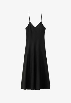 Vestido midi negro sin mangas con finas tirantes de espagueti y escote en V, ceñido en la parte superior y fluido hacia el dobladillo.