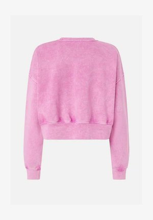 Sudadera corta de manga larga con efecto lavado en tonos rosa, con puños y dobladillo acanalados, mostrada desde atrás sobre un fondo liso.