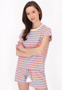 Gestreiftes Lounge-Set in Pastellfarben, bestehend aus einem kurzärmeligen Oberteil mit Rundhalsausschnitt und passenden Shorts mit Kordelzug und Quasten.