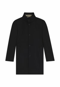Cappotto nero con colletto alto, chiusura anteriore a bottoni e tasche laterali. Tessuto morbido con un design minimalista.