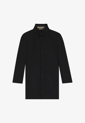 Black coat with a high collar, front button closure, and side pockets. Smooth fabric texture with a minimalist design.