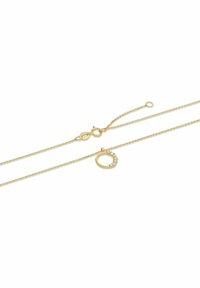 Collana in oro con una delicata catena e un pendente circolare decorato con piccole pietre trasparenti, dotata di una chiusura per un fissaggio sicuro.