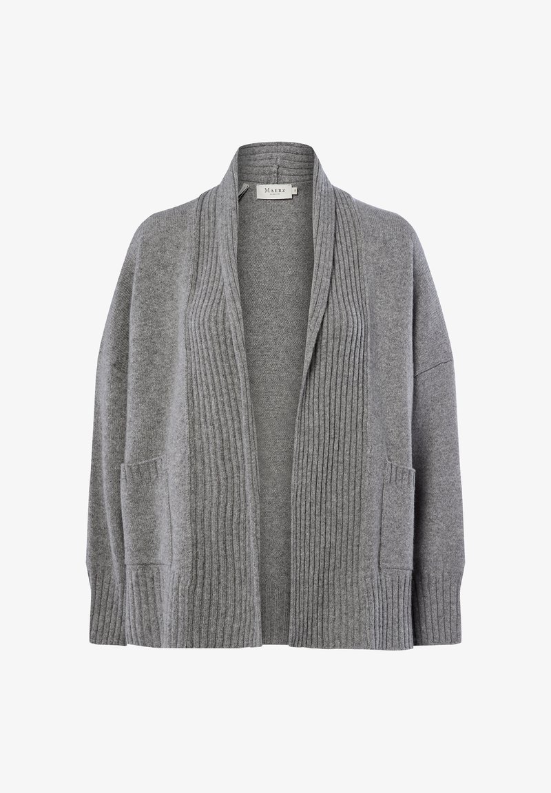 Grijze gebreide cardigan met een sjawlboord, geribbelde textuur, open voorkant en zijzakken. Zacht materiaal met een ontspannen pasvorm.