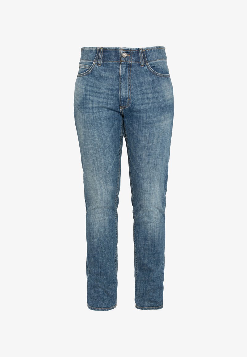 Niebieskie dżinsy z prostą nogawką, z zapięciem na guzik, pięcioma kieszeniami i delikatnym wyblaknięciem z przodu i z tyłu.