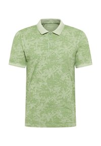 Hellgrünes Polohemd mit kurzen Ärmeln und strukturiertem Palmblattmuster, mit Kragen und einer drei-knopfigen Knopfleiste sowie kontrastierenden Ärmelakzenten.