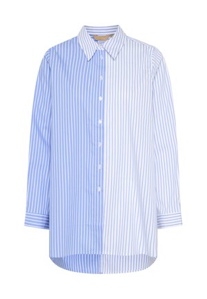 Paita nappilistalla, jossa on vaaleansinisiä ja valkoisia pystyraitoja, pitkät hihat, klassinen kaulus ja kaareva helma.