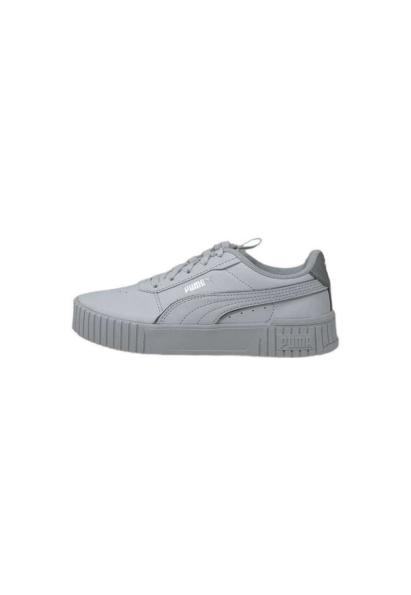 Sneaker grigio con suola in gomma testurizzata, parte superiore liscia e design con lacci. Presenta un logo Puma bianco sul lato.