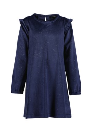 Navyblå langærmet kjole med subtil glitter, flæse detaljer på skuldrene og elastiske manchetter, med knaplukning bagpå.