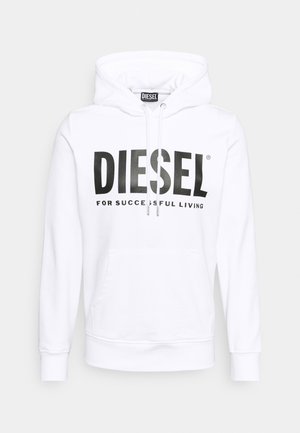 Sweat à capuche blanc avec poche avant et cordons, logo texte noir "DIESEL FOR SUCCESSFUL LIVING" sur la poitrine, poignets et ourlet côtelés.