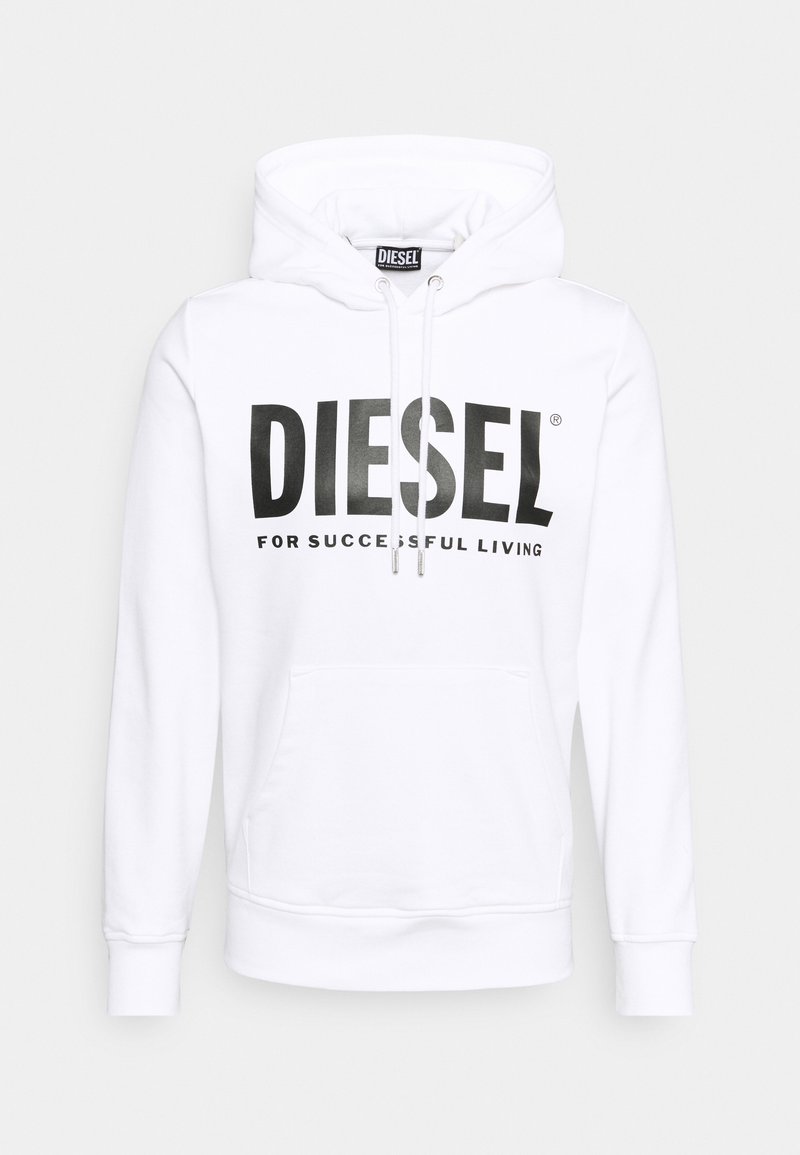 Sweat à capuche blanc avec poche avant et cordons, logo texte noir "DIESEL FOR SUCCESSFUL LIVING" sur la poitrine, poignets et ourlet côtelés.