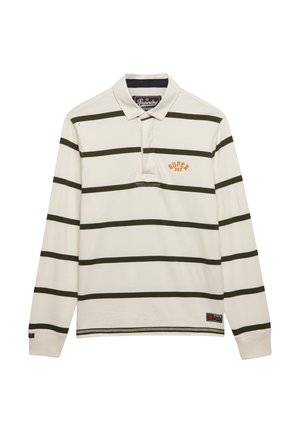 Cremefarvet rugbytrøje med lange ærmer og mørke, vandrette striber, krave, "Superdry"-logo på brystet og lille mærke med brand tæt på kanten.