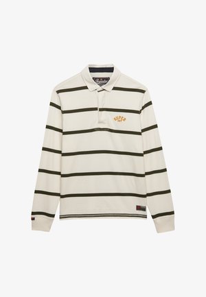 Cremefarvet rugbytrøje med lange ærmer og mørke, vandrette striber, krave, "Superdry"-logo på brystet og lille mærke med brand tæt på kanten.