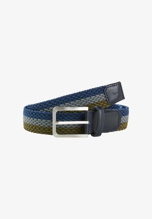 Ceinture tressée dans des teintes de bleu, gris et vert. Dispose d'une boucle en métal argenté et d'un accent en cuir noir près de la boucle.