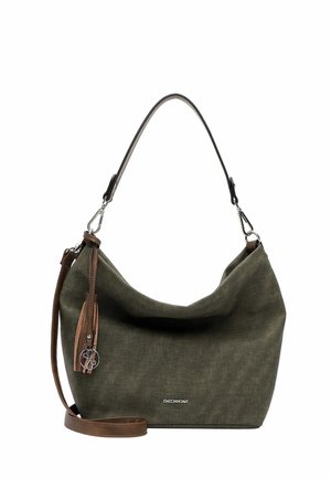 Borsa a tracolla in tessuto verde scuro con tracolla in pelle marrone e nappina, ferrature argentate e piccolo logo "Emily & Noah" sul davanti.