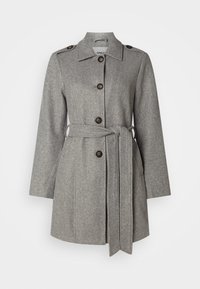Grey wool blend coat with four front buttons, a belted waist, and long sleeves. Features a notched collar and smooth texture.