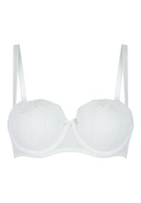 Witte gepadde beha met kanten details op de cups, verstelbare banden en een klein strikje in het midden. Gladde stof en ondersteuning met beugel.