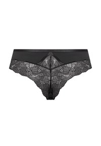 Czarne koronkowe damskie majtki z kwiatowym wzorem i jednolitą tkaniną w pasie, zaprojektowane w stylu bikini.