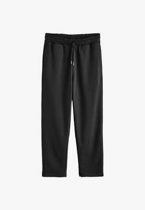 Schwarze Jogginghose aus weichem Stoff mit elastischem Bund, verstellbarem Kordelzug und Seitentaschen. Kurzes, verkürztes Design.