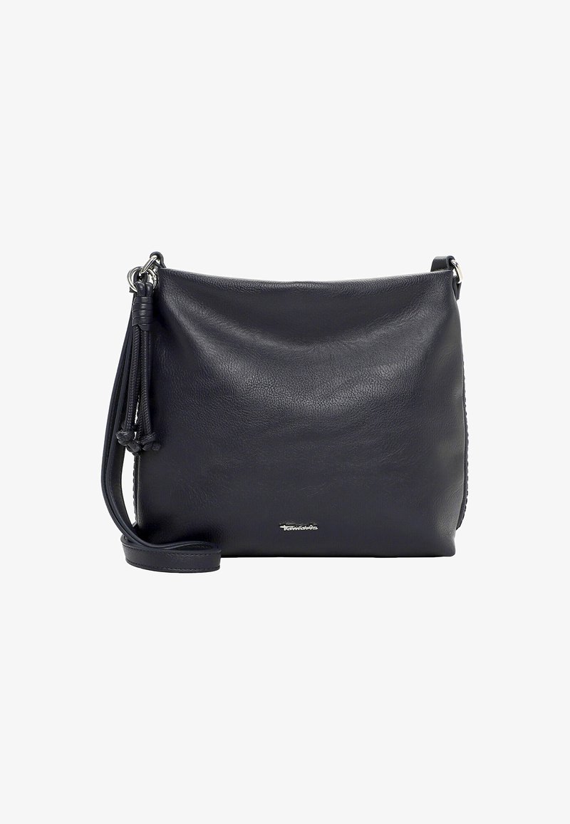 Sac bandoulière en cuir noir avec une surface texturée, une sangle réglable et un petit détail en forme de pompon près de la quincaillerie. Design compact.