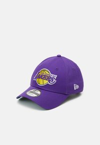 Purple baseball cap with an embroidered Los Angeles Lakers logo and basketball design on the front; features a curved brim and structured crown.
