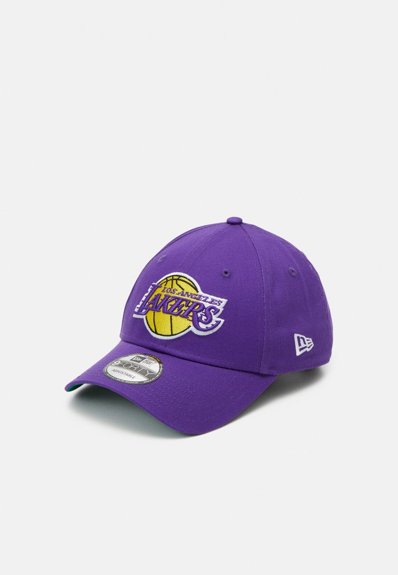 Purple baseball cap with an embroidered Los Angeles Lakers logo and basketball design on the front; features a curved brim and structured crown.