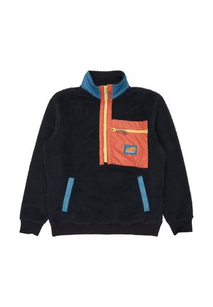Čierny fleecový pulóver s vysokým golierom, oranžovou náprsné kapsou, modrými zipsovými akcentmi a tyrkysovými bočnými panelmi. Má štruktúrovaný povrch.