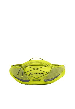 Felle gele heuptas met ritssluitingen, elastische koorden en reflecterende strepen, met het label "Vaude Uphill Hip Pack 2."