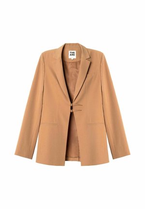 Light brown tailored blazer with notch lapels, two front welt pockets, and two small clasp closures at front center.