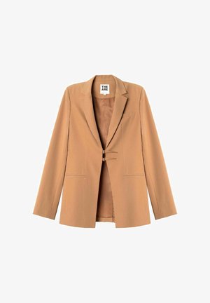 Light brown tailored blazer with notch lapels, two front welt pockets, and two small clasp closures at front center.