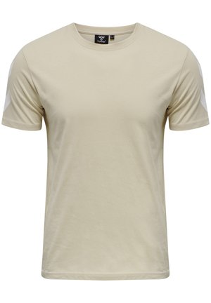 Beige Baumwoll-T-Shirt mit Rundhalsausschnitt, kurzen Ärmeln und weißen Akzentdetails an den Schultern. Glatte Textur und lässige Passform.