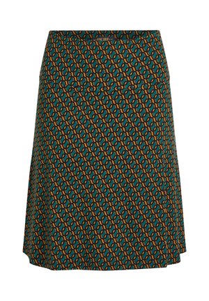 Grün gemusterter Rock mit geometrischem Design in Orange und Schwarz, mit geradem Schnitt und einem dezenten Taillendetail.