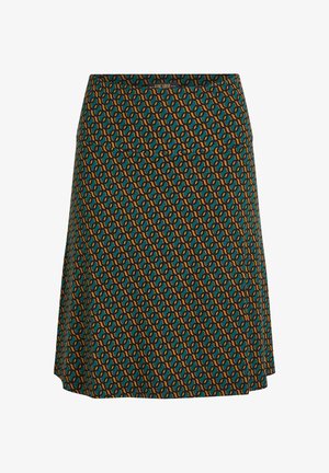 Zielona spódnica w wzory geometryczne w kolorze pomarańczowym i czarnym, o prostym kroju i delikatnym wykończeniu w pasie.