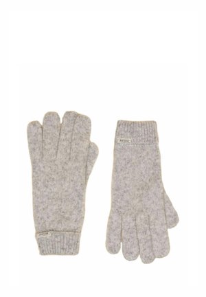 Para jasnoszarych, dzianinowych rękawiczek z wełny z prążkowanymi mankietami i małą prostokątną metką z logo marki "Joules" na każdym mankiecie.