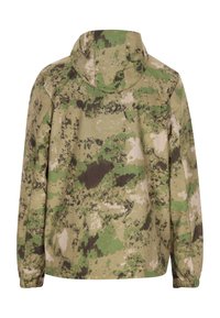 Camouflagejack in tinten van groen, bruin en beige. Gewaadontwerp met capuchon, elastische manchetten en een ontspannen pasvorm, met een gestructureerd oppervlak.