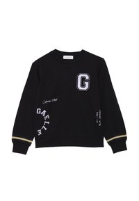 Felpa nera con una lettera "G" bianca e il testo "GAELLE". Ulteriori dettagli includono polsini a righe dorate e una texture di tessuto morbido.