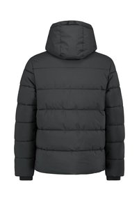 Puffer jacket in dark grey, featuring a hood, quilted sections, and ribbed cuffs. Material appears soft and insulated.