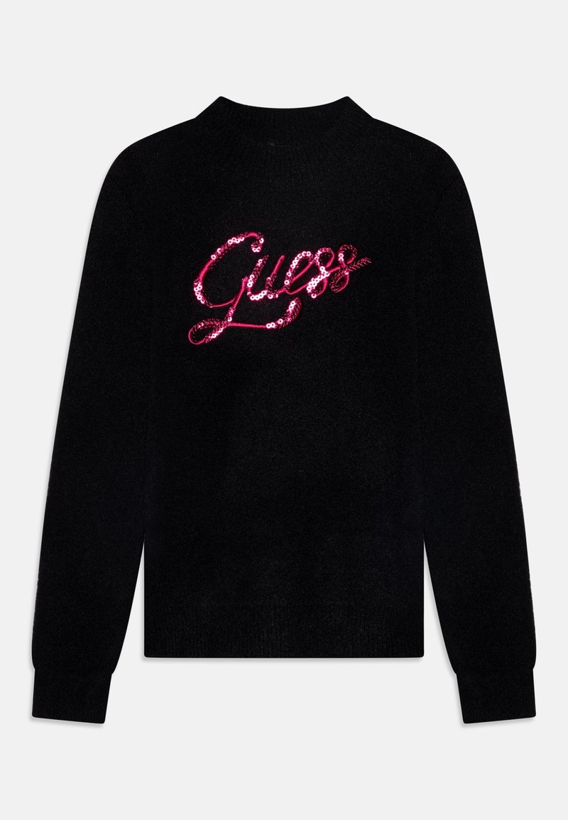 Pull noir à manches longues avec col montant, orné du logo "Guess" en sequins roses sur la poitrine.