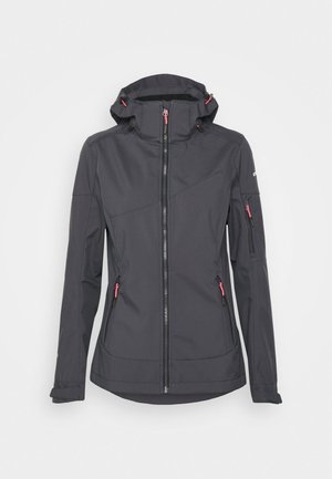 Mørkegrå softshell-jakke med hætte, foran lynlås og pink lynlåse på forlommer og lomme på ærmet.